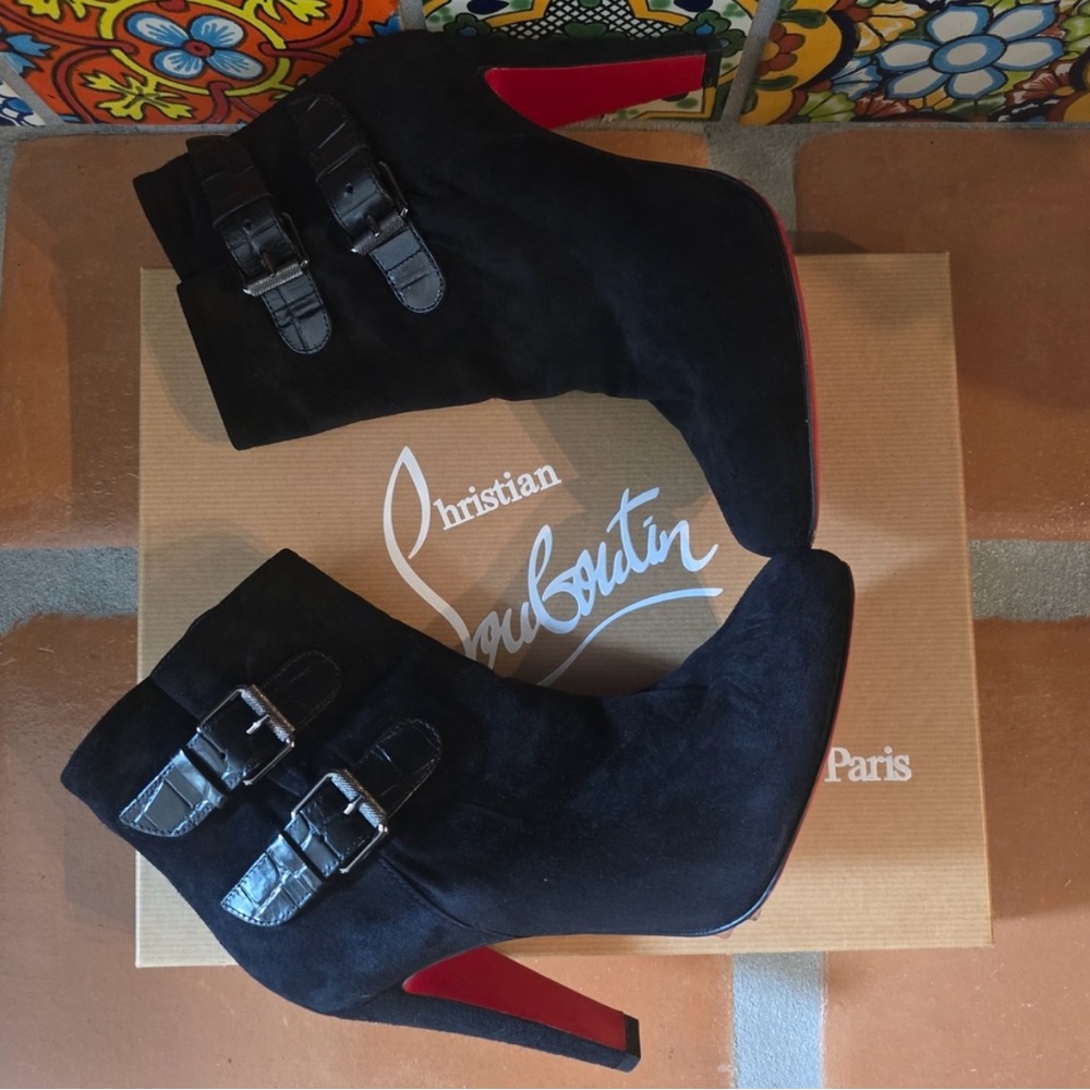 Christian Louboutin Black Heeled Boots with Red Soles